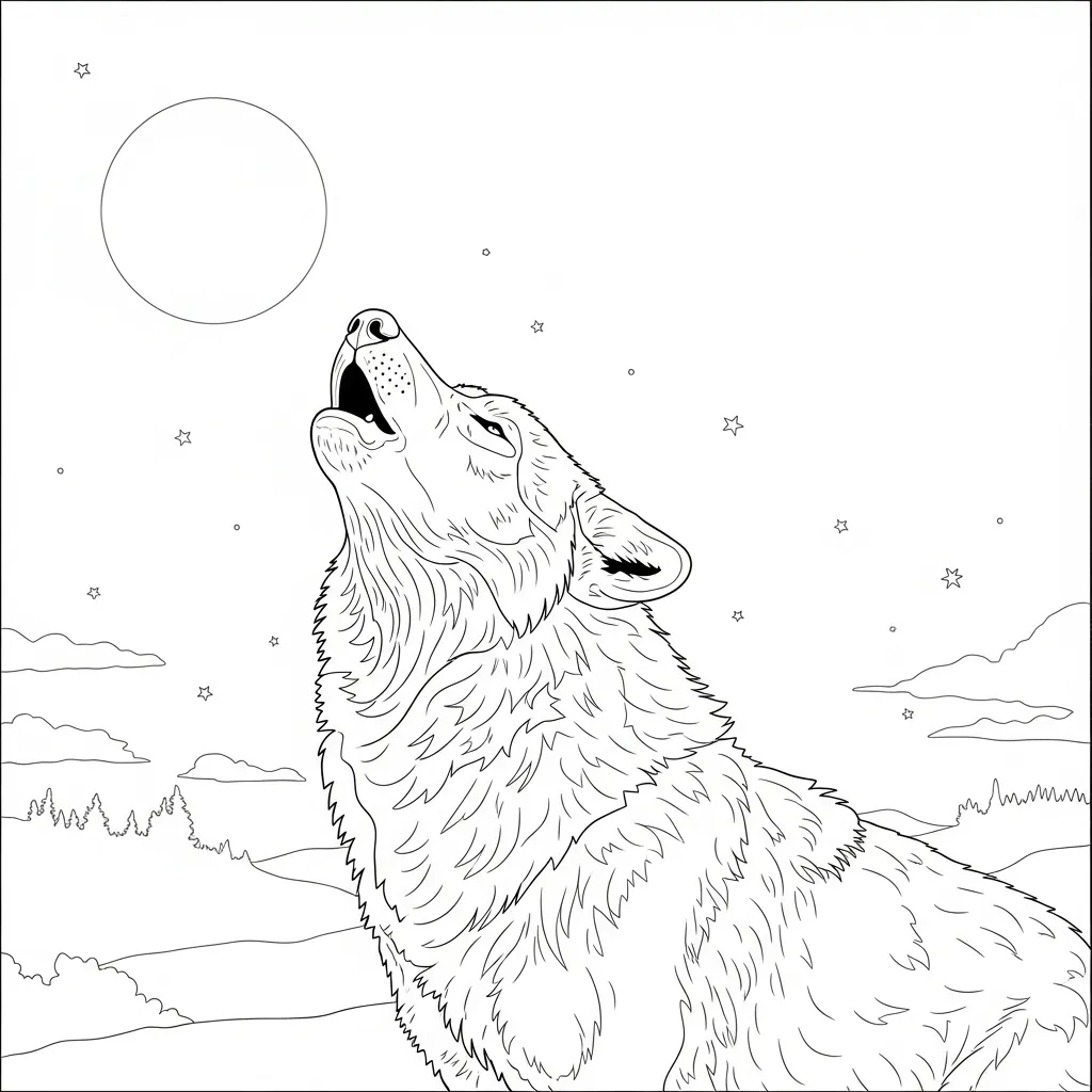 Howling Wolf Illustration Coloring Page (2)