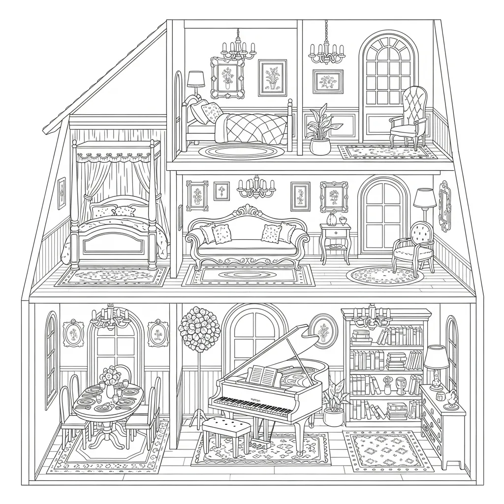 Intricate Dollhouse Interior Coloring Page (2)