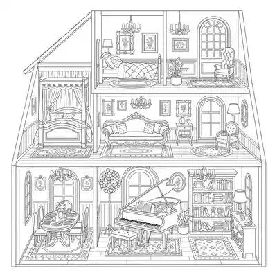Intricate Dollhouse Interior Coloring Page (2)