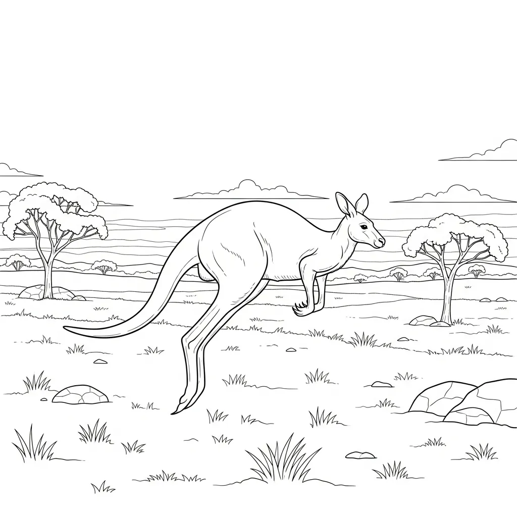 Kangaroo Hopping Across Grassy Outback Landscape Scene (1)