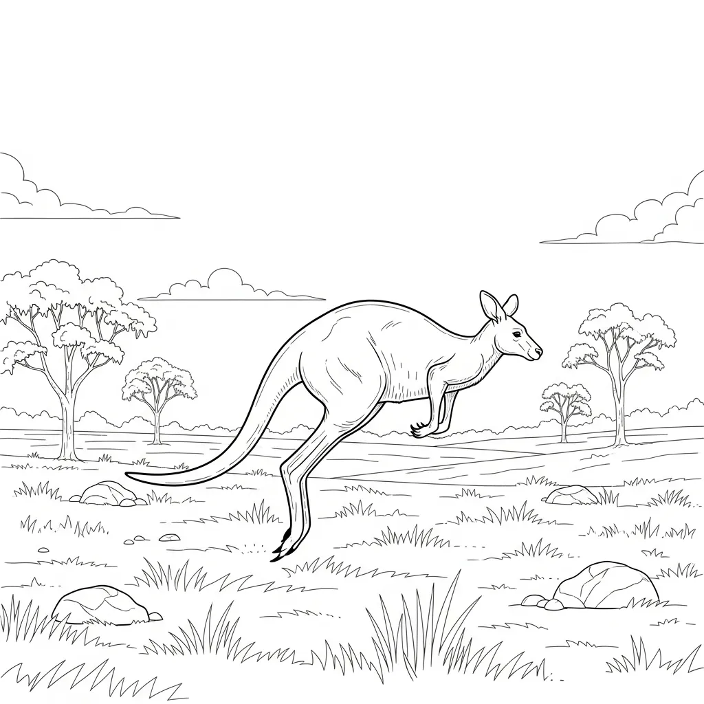 Kangaroo Hopping Across Grassy Outback Landscape Scene (3)