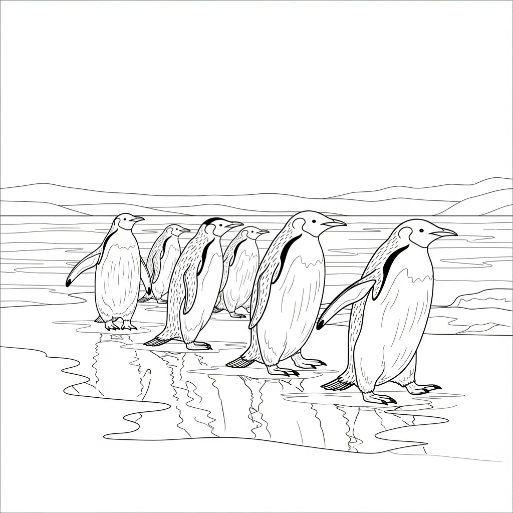 Penguin Family Walking on Icy Shoreline Together Scene (1)