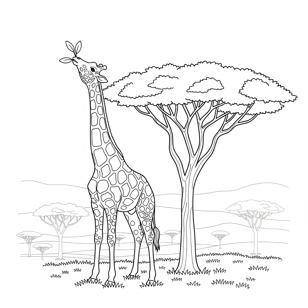 Tall Giraffe Reaching Leaves in Savannah Trees (2)