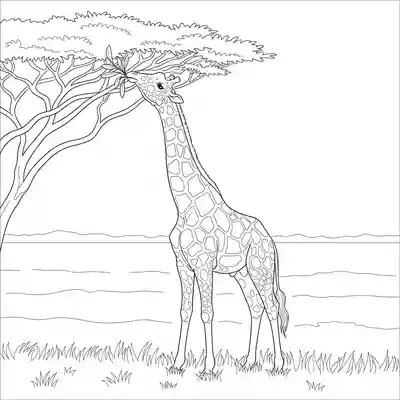 Tall Giraffe Reaching Leaves in Savannah Trees Scene (2)