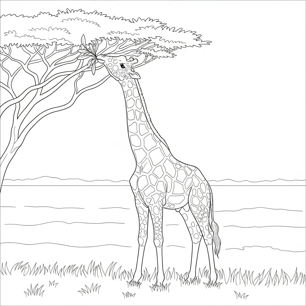 Tall Giraffe Reaching Leaves in Savannah Trees Scene (2)