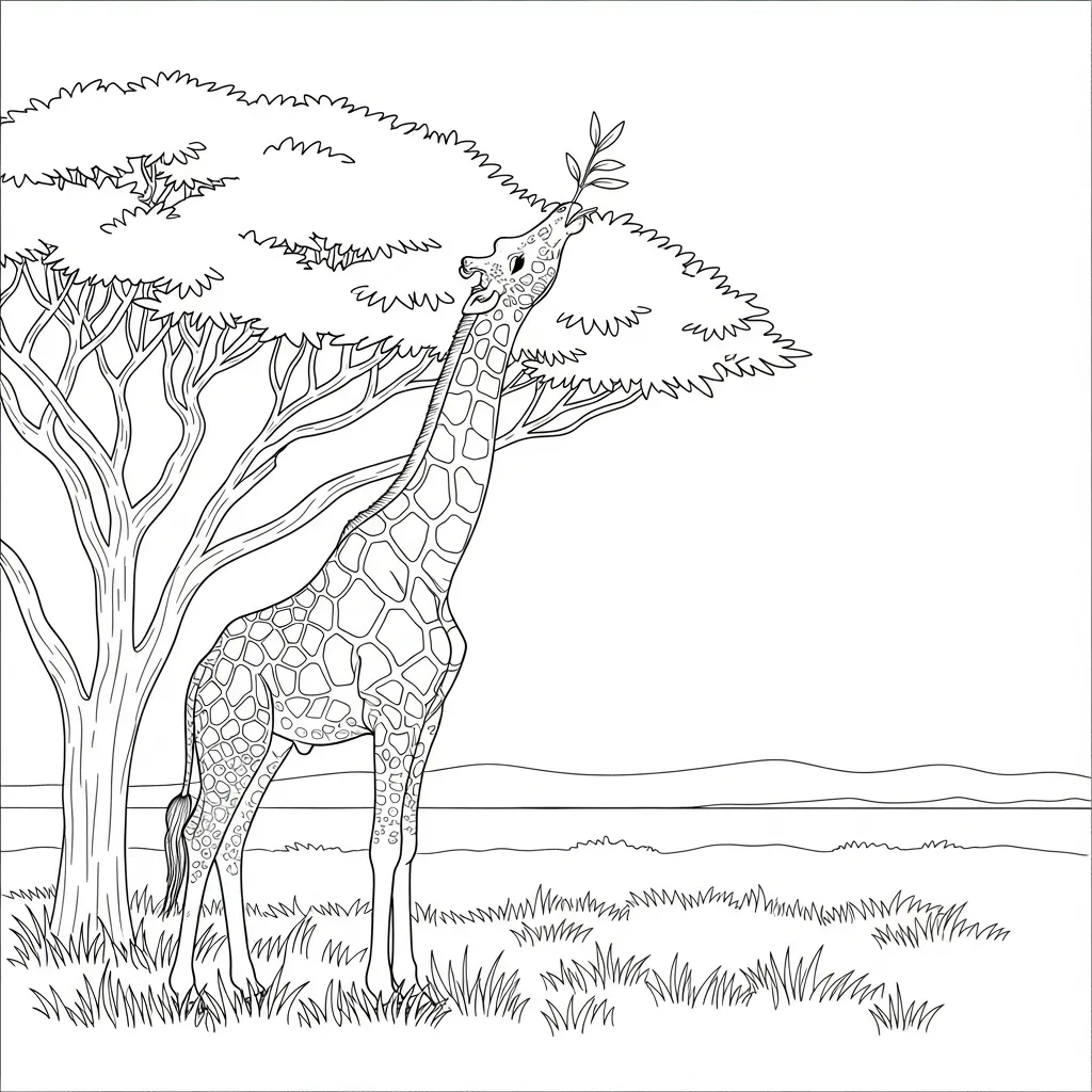 Tall Giraffe Reaching Leaves in Savannah Trees Scene (3)