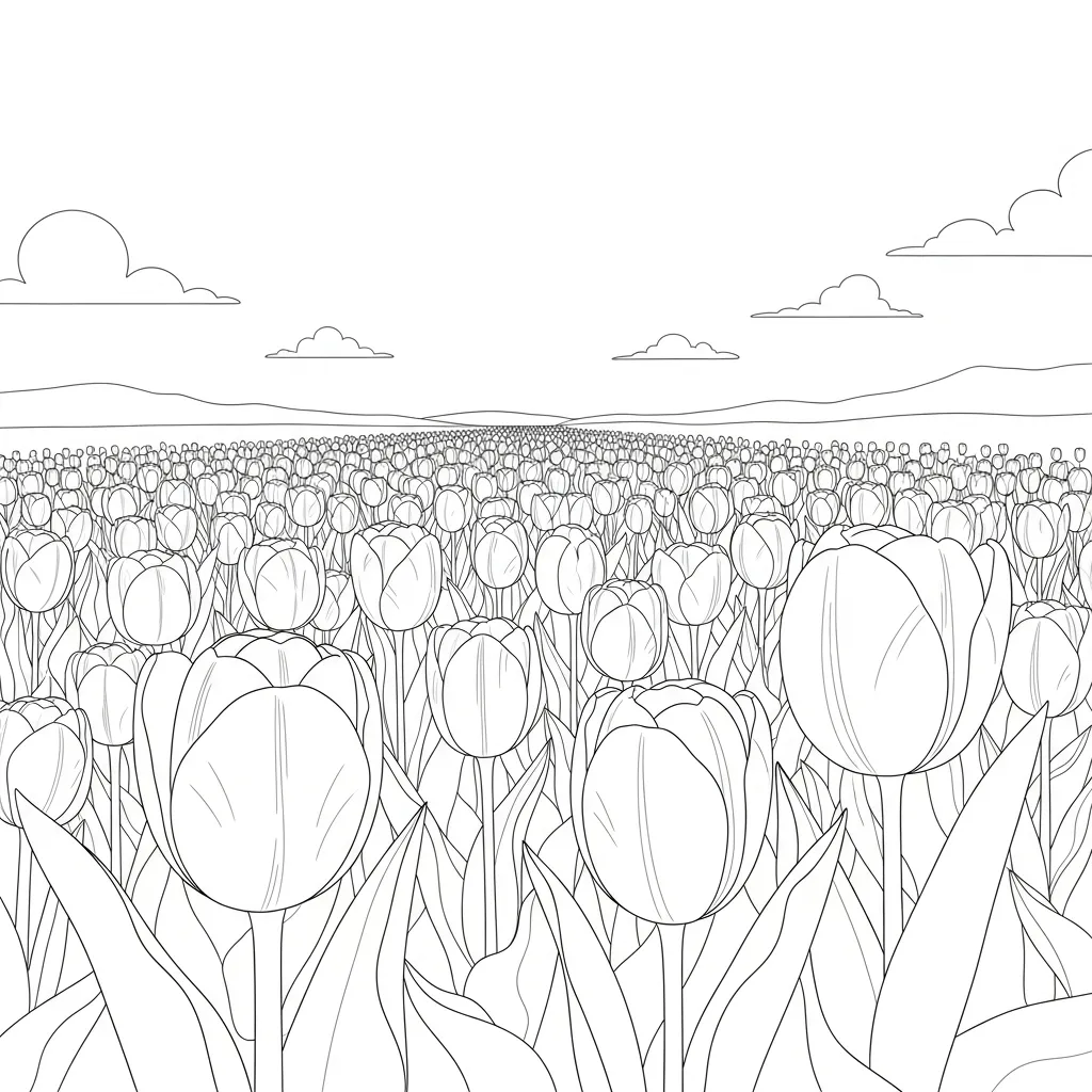 Tulip Field Drawing Coloring Page (2)