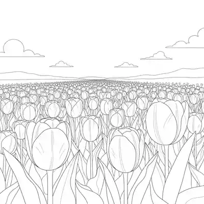 Tulip Field Drawing Coloring Page (2)