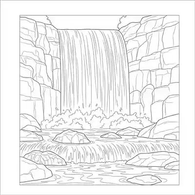 Waterfall Scene Illustration Coloring Page (1)