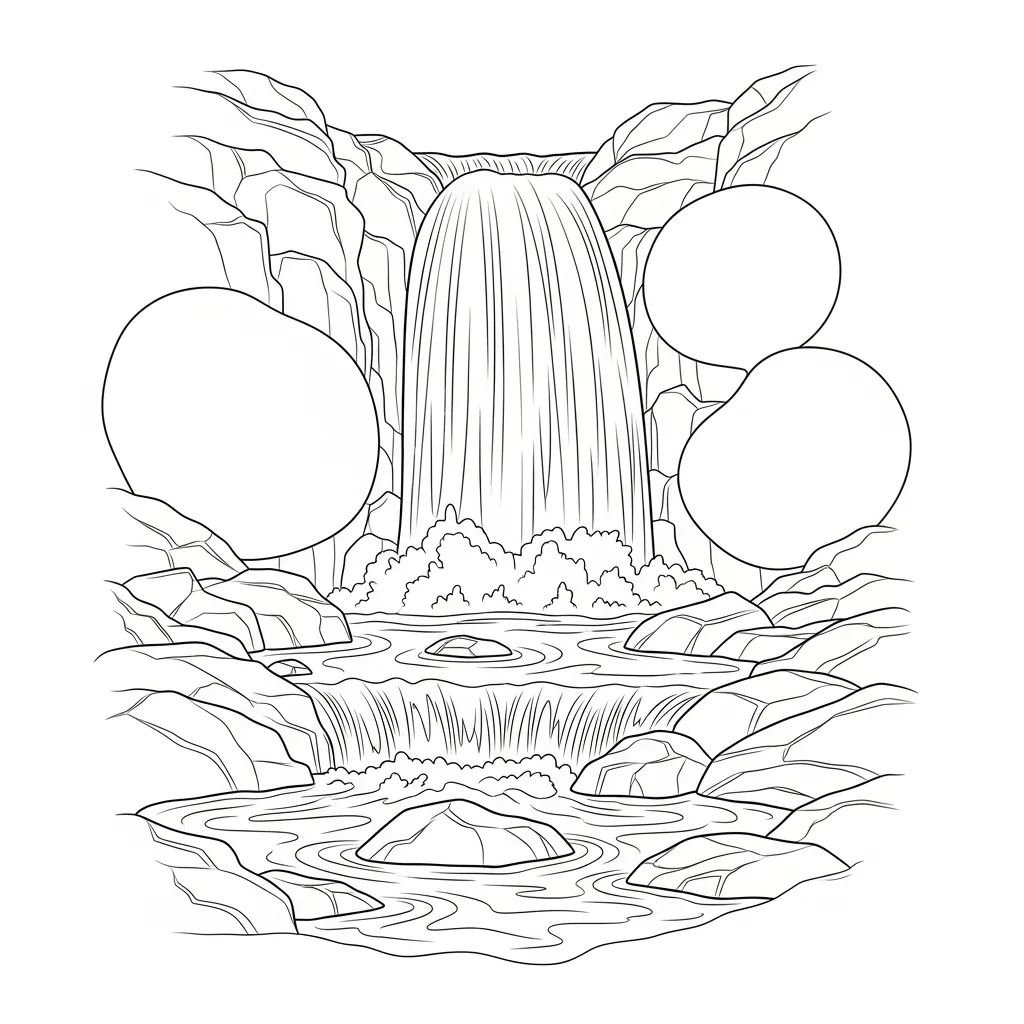 Waterfall Scene Illustration Coloring Page (2)